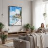02 - Framed Lake Garda Italy Watercolor Canvas Print - Woman reading in modern Living Room - Vertical.jpg