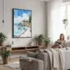 02 - Framed Lake Garda Italy Watercolor Canvas Print - Woman reading in modern Living Room - Vertical.jpg