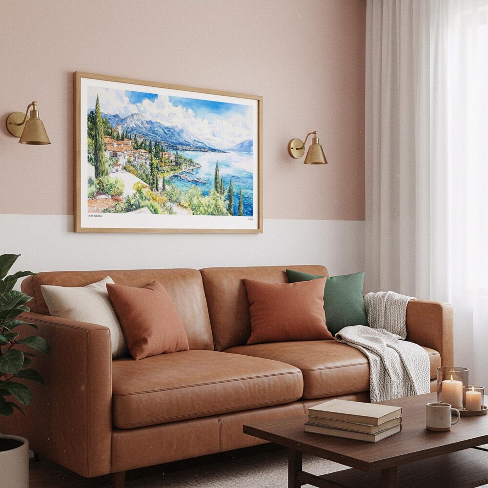 02 - Framed Lake Garda in Italy Watercolor - Horizontal Art Print hanging in Boho Living Room.jpg 02 - Framed Lake Garda in Italy Watercolor - Horizontal Art Print hanging in Boho Living Room.jpg