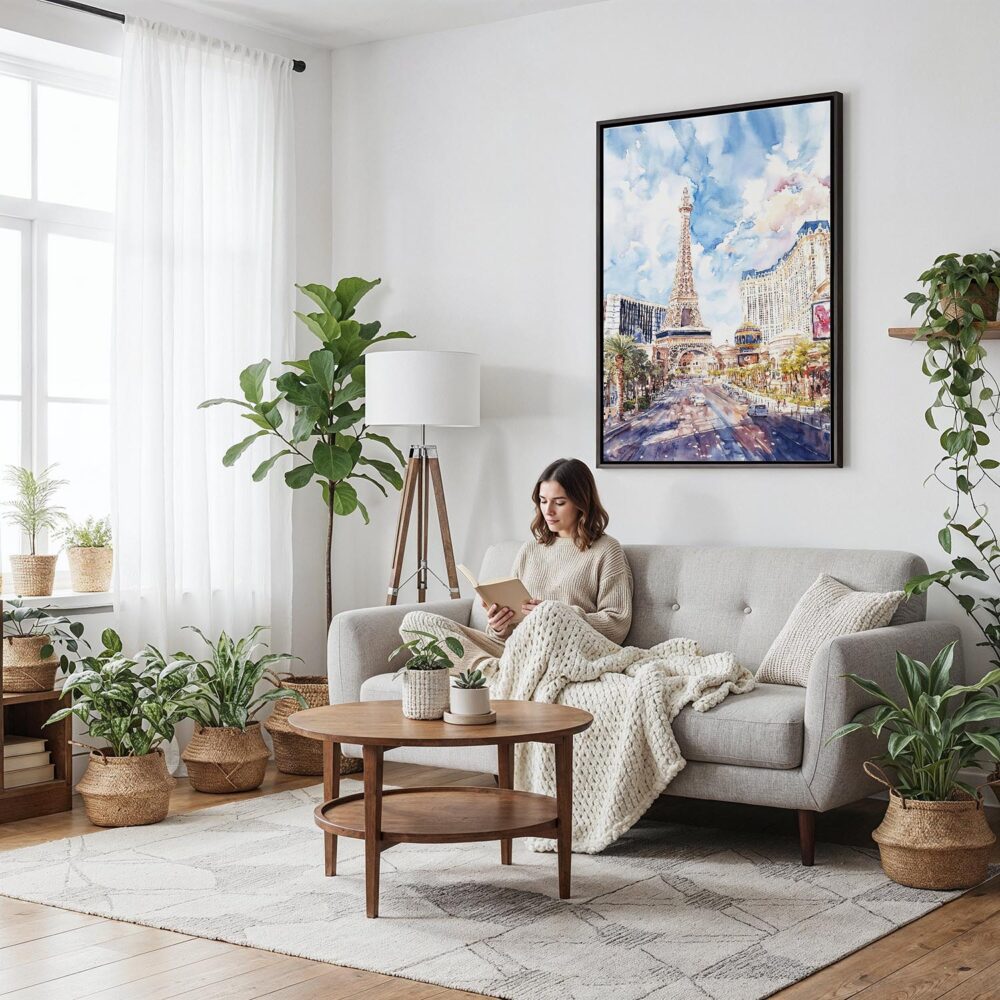 02 - Framed Las Vegas Watercolor Canvas Print - Woman reading on couch - Vertical.jpg 02 - Framed Las Vegas Watercolor Canvas Print - Woman reading on couch - Vertical.jpg