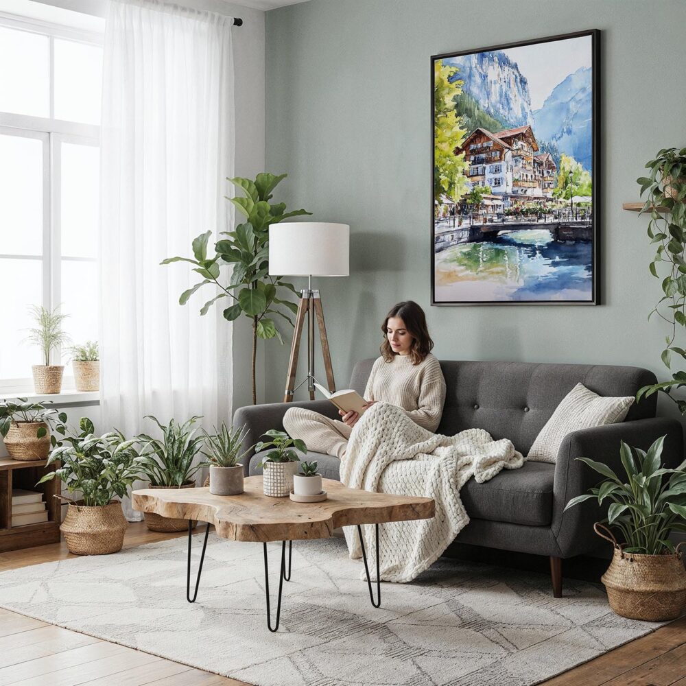 02 - Framed Lauterbrunnen Switzerland Watercolor Canvas Print - Woman reading in Boho Living Room - Vertical.jpg 02 - Framed Lauterbrunnen Switzerland Watercolor Canvas Print - Woman reading in Boho Living Room - Vertical.jpg