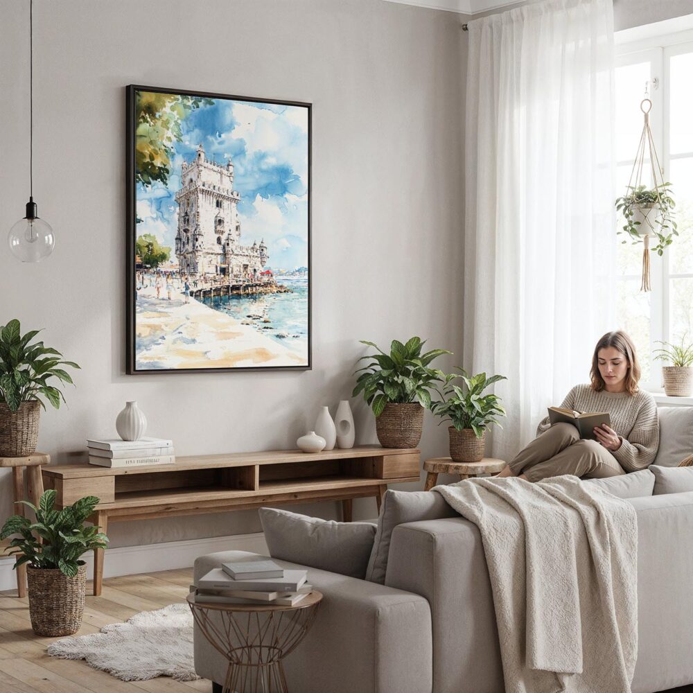 02 - Framed Lisboa Torre de Belém Watercolor Canvas Print - Woman reading in modern Living Room - Vertical.jpg 02 - Framed Lisboa Torre de Belém Watercolor Canvas Print - Woman reading in modern Living Room - Vertical.jpg