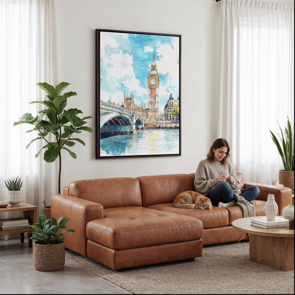 02 - Framed London Big Ben - Watercolor Canvas Print - Woman Knitting on leather couch - Vertical.jpg 02 - Framed London Big Ben - Watercolor Canvas Print - Woman Knitting on leather couch - Vertical.jpg