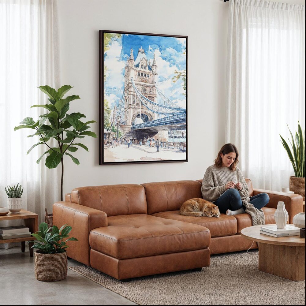 02 - Framed London Tower Bridge - Watercolor Canvas Print - Woman Knitting on leather couch - Vertical.jpg 02 - Framed London Tower Bridge - Watercolor Canvas Print - Woman Knitting on leather couch - Vertical.jpg