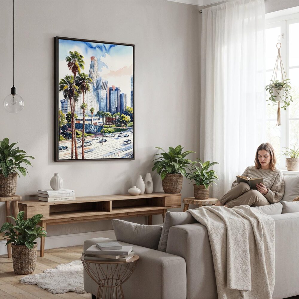 02 - Framed Los Angeles Downtown Watercolor Canvas Print - Woman reading in modern Living Room - Vertical.jpg 02 - Framed Los Angeles Downtown Watercolor Canvas Print - Woman reading in modern Living Room - Vertical.jpg