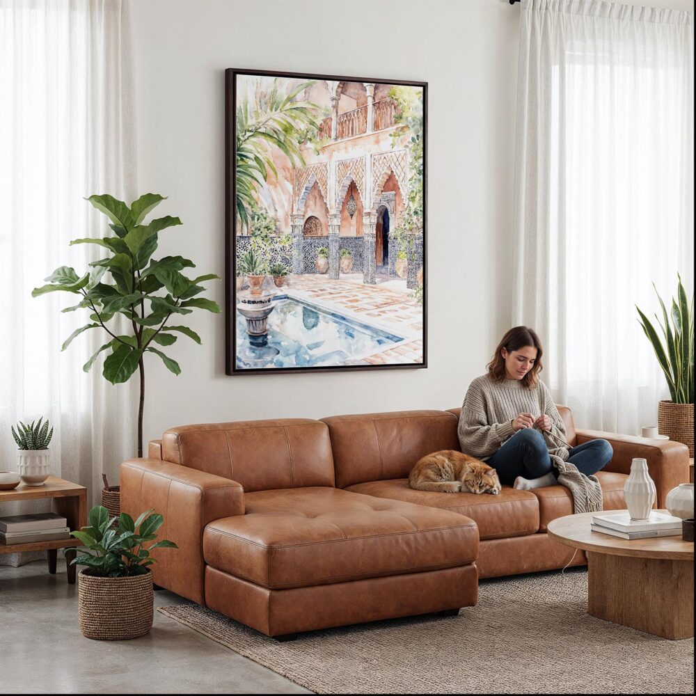 02 - Framed Marrakesh Morroco Backyard Watercolor Canvas Print - Woman Knitting on leather couch - Vertical.jpg 02 - Framed Marrakesh Morroco Backyard Watercolor Canvas Print - Woman Knitting on leather couch - Vertical.jpg