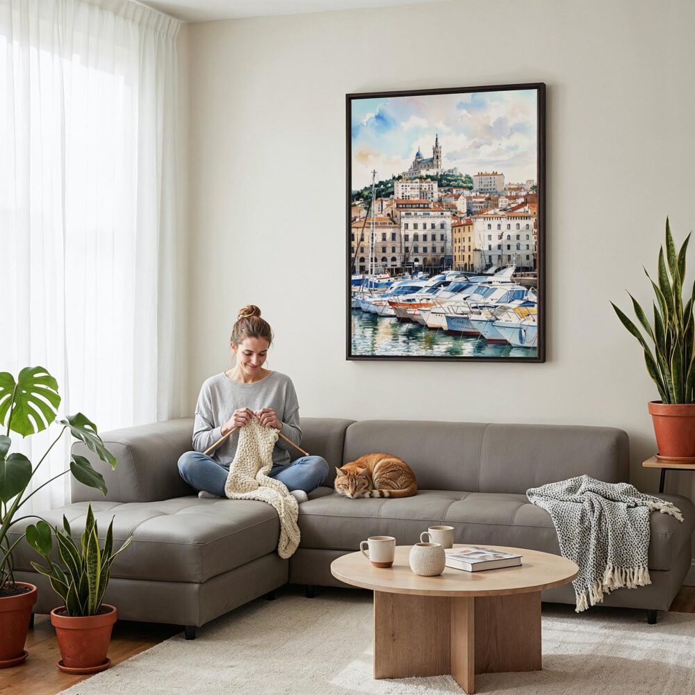 02 - Framed Marseilles Watercolor Canvas Print - Woman Knitting on grey couch - Vertical.jpg 02 - Framed Marseilles Watercolor Canvas Print - Woman Knitting on grey couch - Vertical.jpg