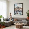 02 - Framed Marseilles Watercolor Canvas Print - Woman Knitting on grey couch - Vertical.jpg