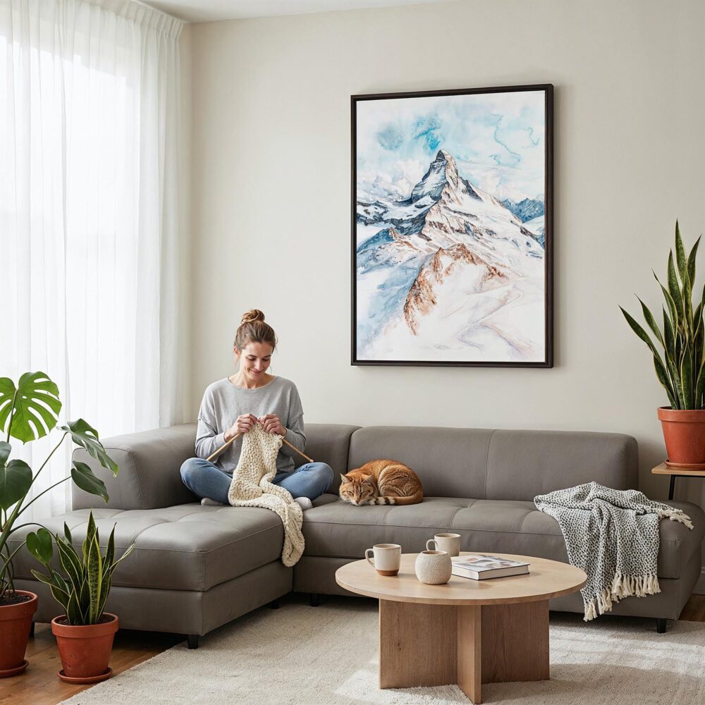 02 - Framed Matterhorn Watercolor Canvas Print - Woman Knitting on grey couch - Vertical.jpg 02 - Framed Matterhorn Watercolor Canvas Print - Woman Knitting on grey couch - Vertical.jpg