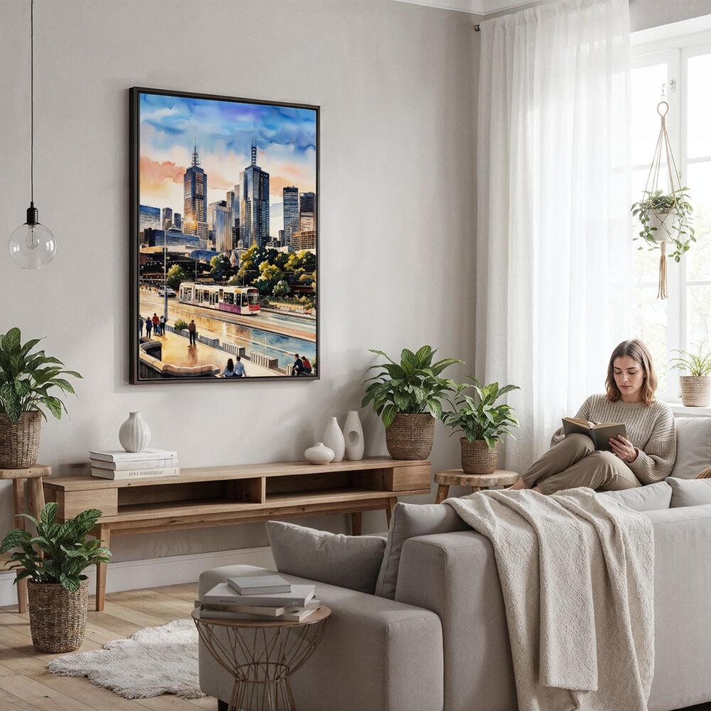 02 - Framed Melbourne Canvas Print - Woman reading in modern Living Room - Vertical.jpg 02 - Framed Melbourne Canvas Print - Woman reading in modern Living Room - Vertical.jpg