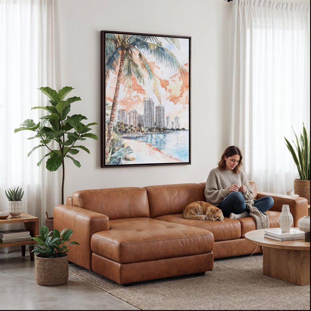 02 - Framed Miami Florida Sunset Watercolor Canvas Print - Woman Knitting on leather couch - Vertical.jpg 02 - Framed Miami Florida Sunset Watercolor Canvas Print - Woman Knitting on leather couch - Vertical.jpg
