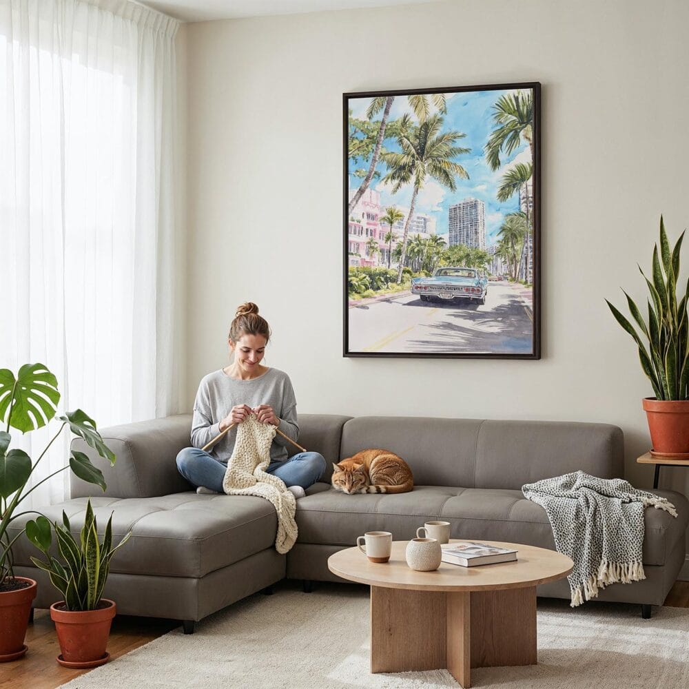 02 - Framed Miami Watercolor Canvas Print - Woman Knitting on grey couch - Vertical.jpg 02 - Framed Miami Watercolor Canvas Print - Woman Knitting on grey couch - Vertical.jpg