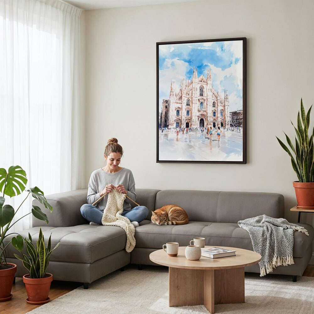 02 - Framed Milano Italy Watercolor Canvas Print - Woman Knitting on grey couch - Vertical.jpg 02 - Framed Milano Italy Watercolor Canvas Print - Woman Knitting on grey couch - Vertical.jpg