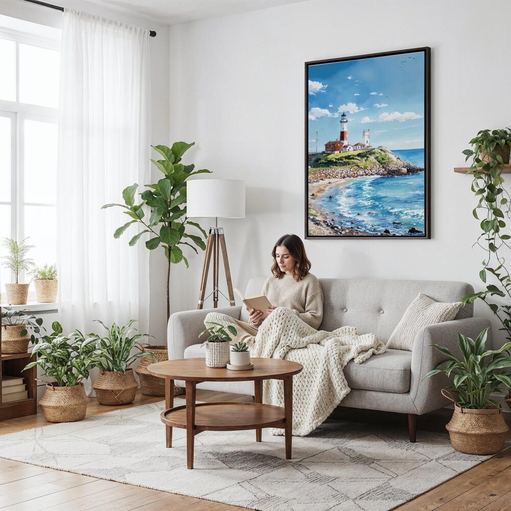 02 - Framed Montauk lighthouse Long Island Watercolor Canvas Print - Woman reading on couch - Vertical.jpg 02 - Framed Montauk lighthouse Long Island Watercolor Canvas Print - Woman reading on couch - Vertical.jpg