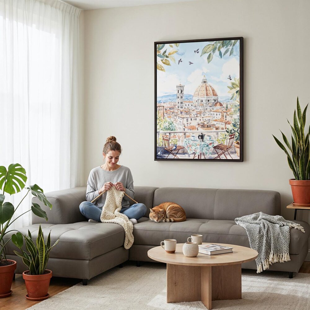 02 - Framed Morning Coffee in Florence Watercolor Canvas Print - Woman Knitting on grey couch - Vertical.jpg 02 - Framed Morning Coffee in Florence Watercolor Canvas Print - Woman Knitting on grey couch - Vertical.jpg