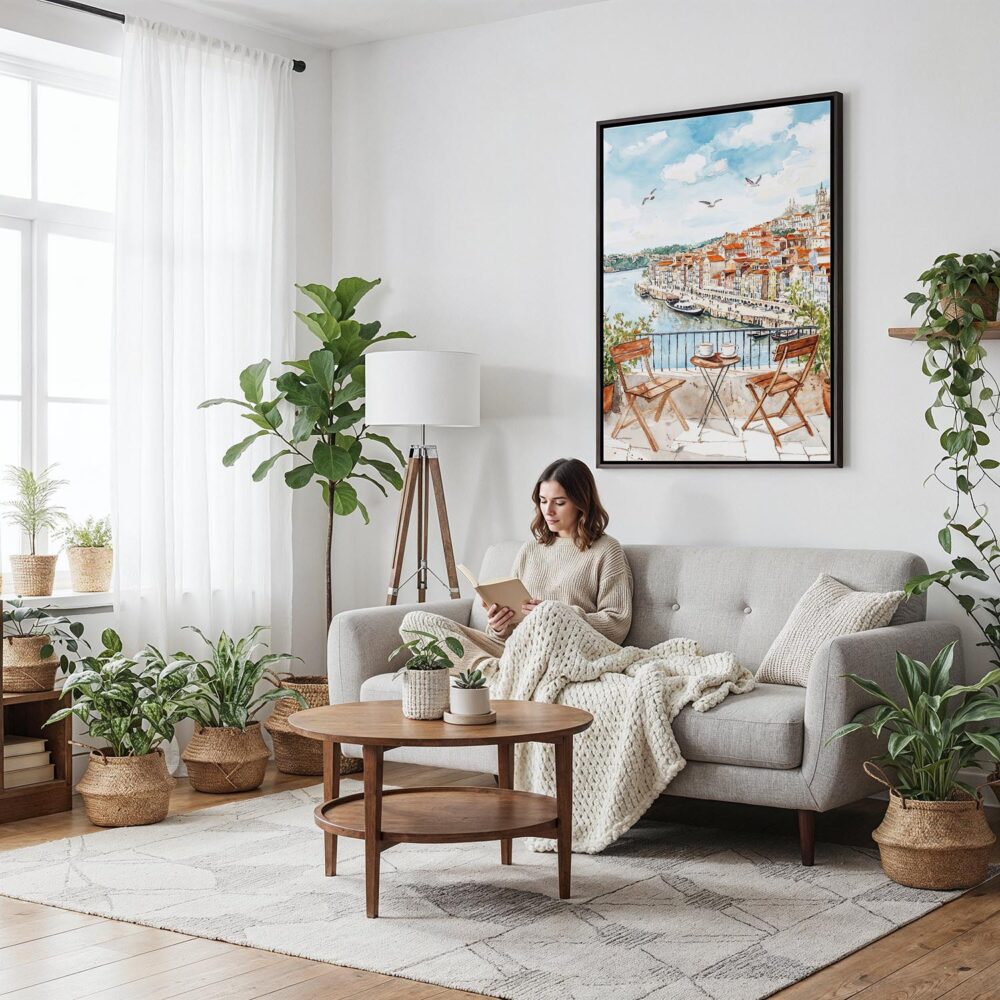 02 - Framed Morning Coffee in Porto Watercolor Canvas Print - Woman reading on couch - Vertical.jpg 02 - Framed Morning Coffee in Porto Watercolor Canvas Print - Woman reading on couch - Vertical.jpg