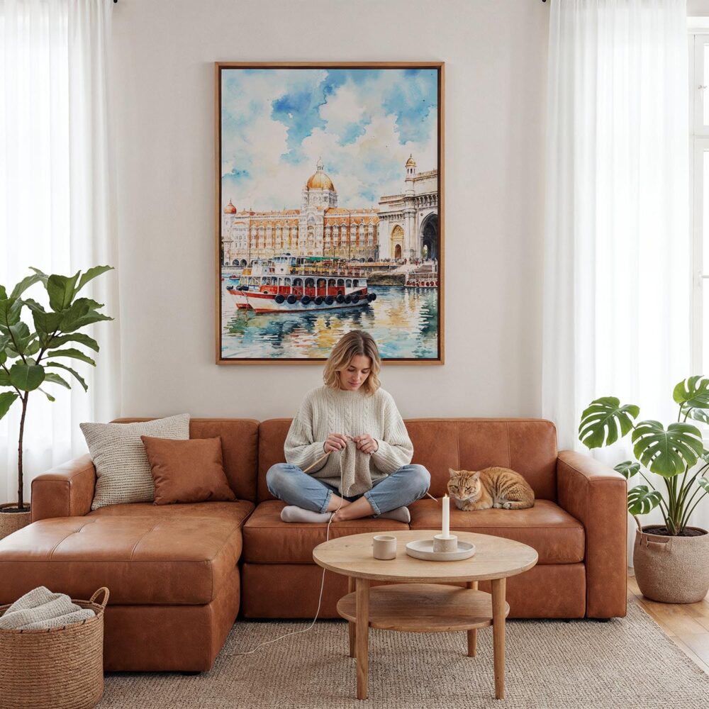 02 - Framed Mumbai Taj Mahal Palace Watercolor Canvas Print - Woman Knitting - Vertical.jpg 02 - Framed Mumbai Taj Mahal Palace Watercolor Canvas Print - Woman Knitting - Vertical.jpg