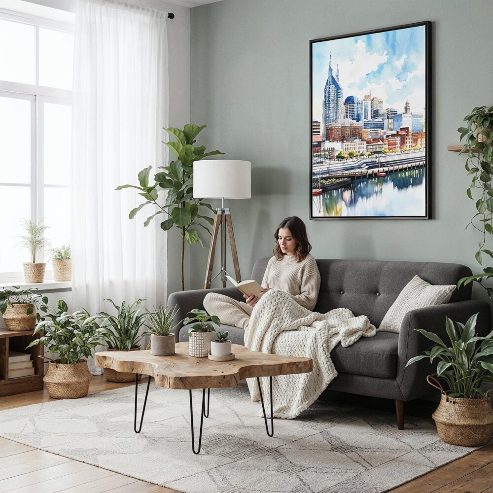 02 - Framed Nashville Skyline Watercolor Canvas Print - Woman reading in Boho Living Room - Vertical.jpg 02 - Framed Nashville Skyline Watercolor Canvas Print - Woman reading in Boho Living Room - Vertical.jpg