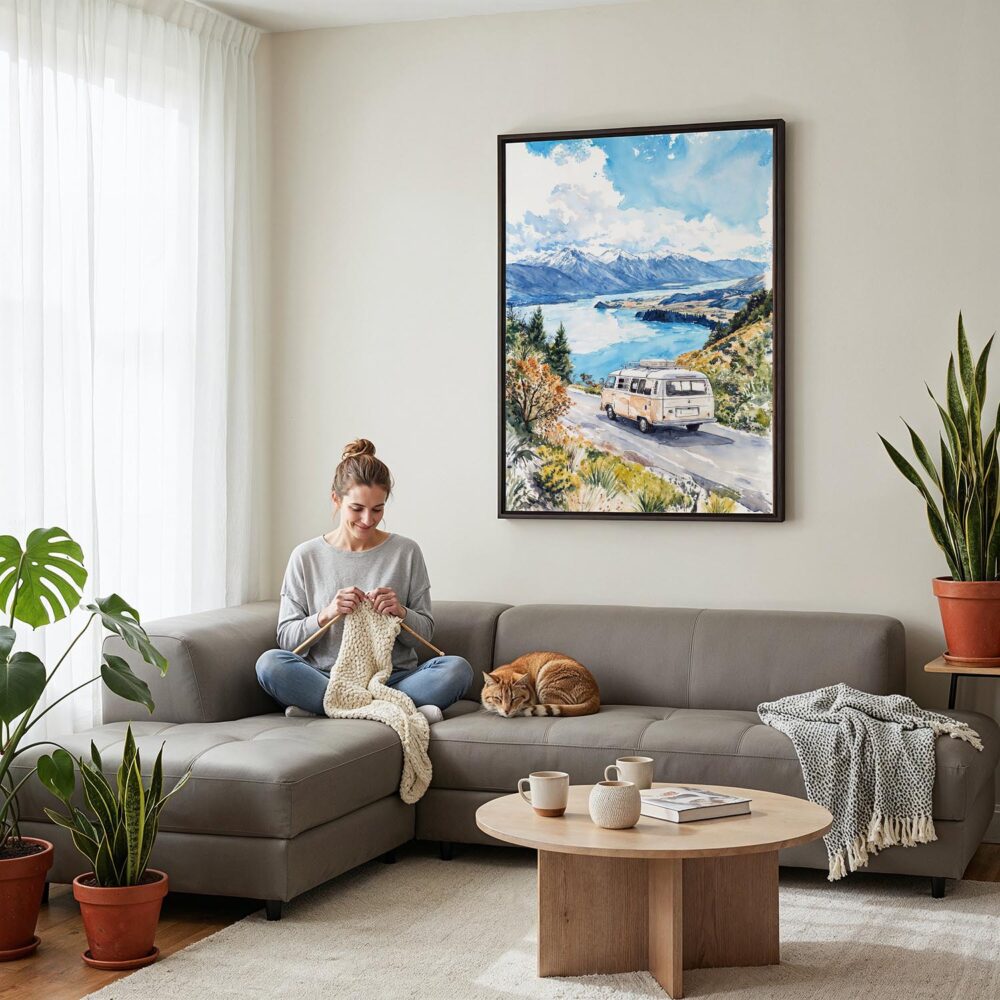 02 - Framed New Zealand Queenstown Watercolor Canvas Print - Woman Knitting on grey couch - Vertical.jpg 02 - Framed New Zealand Queenstown Watercolor Canvas Print - Woman Knitting on grey couch - Vertical.jpg
