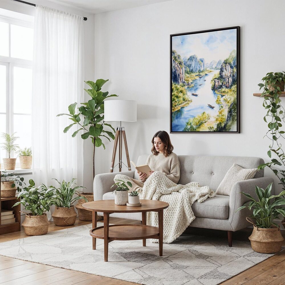 02 - Framed Ninh Binh Watercolor Canvas Print - Woman reading on couch - Vertical.jpg 02 - Framed Ninh Binh Watercolor Canvas Print - Woman reading on couch - Vertical.jpg