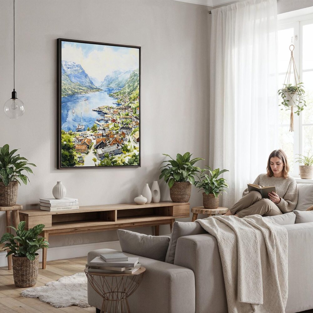 02 - Framed Norwegian Fjords Watercolor Canvas Print - Woman reading in modern Living Room - Vertical.jpg 02 - Framed Norwegian Fjords Watercolor Canvas Print - Woman reading in modern Living Room - Vertical.jpg