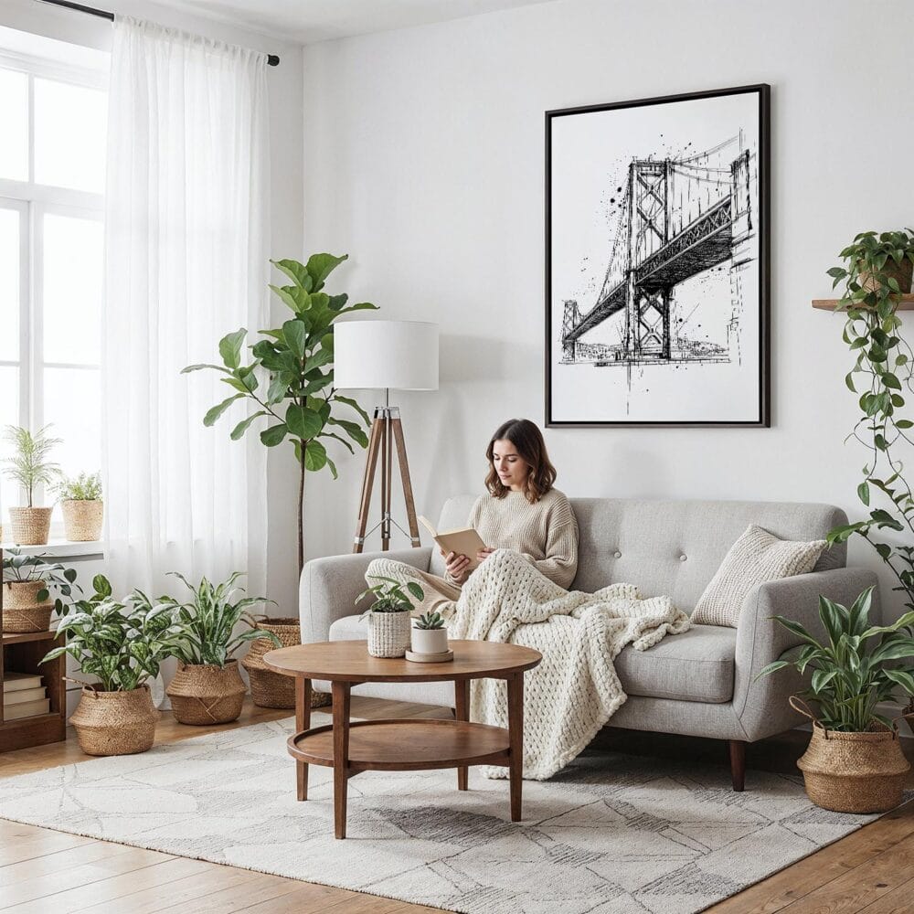 02 - Framed Oakland Bridge - Pencil Drawing Canvas Print - Woman reading on couch - Vertical.jpg 02 - Framed Oakland Bridge - Pencil Drawing Canvas Print - Woman reading on couch - Vertical.jpg
