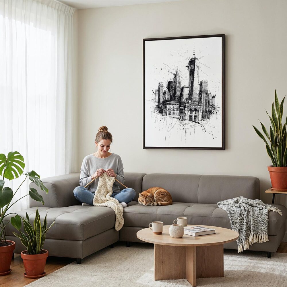 02 - Framed One World Trade Center - Pencil Drawimg Canvas Print - Woman Knitting on grey couch - Vertical.jpg 02 - Framed One World Trade Center - Pencil Drawimg Canvas Print - Woman Knitting on grey couch - Vertical.jpg