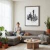 02 - Framed One World Trade Center - Pencil Drawimg Canvas Print - Woman Knitting on grey couch - Vertical.jpg