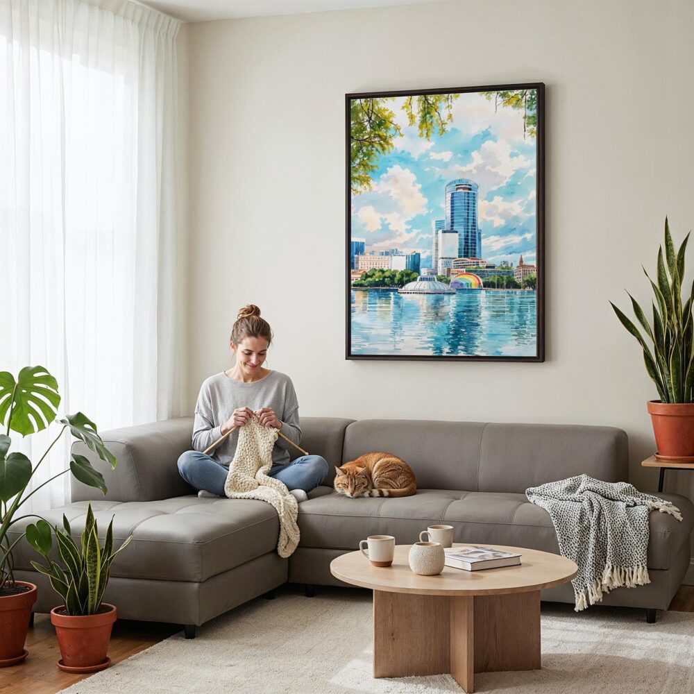 02 - Framed Orlando Florida Watercolor Canvas Print - Woman Knitting on grey couch - Vertical.jpg 02 - Framed Orlando Florida Watercolor Canvas Print - Woman Knitting on grey couch - Vertical.jpg