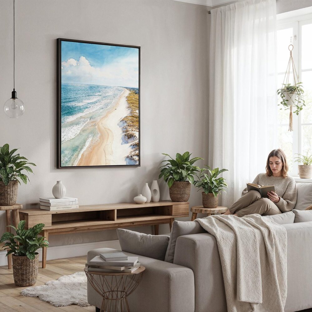 02 - Framed Outer Banks NC Watercolor Canvas Print - Woman reading in modern Living Room - Vertical.jpg 02 - Framed Outer Banks NC Watercolor Canvas Print - Woman reading in modern Living Room - Vertical.jpg