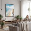 02 - Framed Outer Banks NC Watercolor Canvas Print - Woman reading in modern Living Room - Vertical.jpg