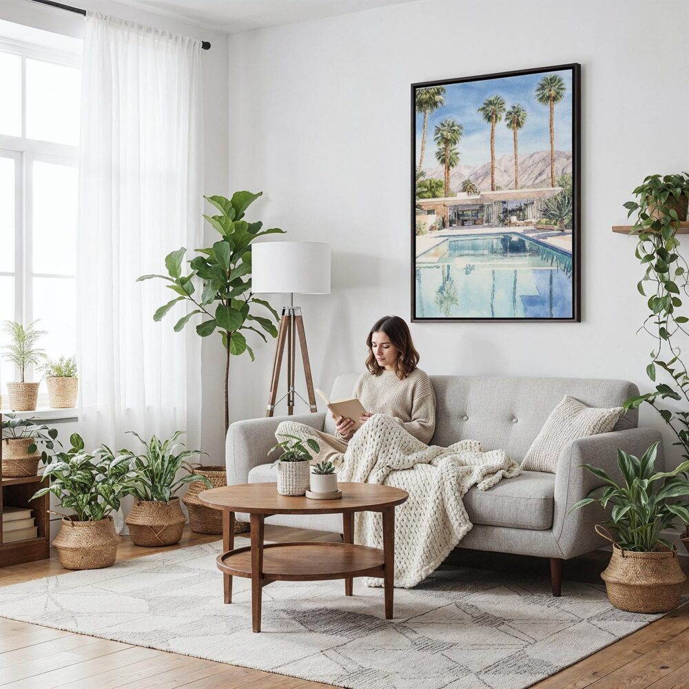 02 - Framed Palm Springs Pool Villa Watercolor Canvas Print - Woman reading on couch - Vertical.jpg 02 - Framed Palm Springs Pool Villa Watercolor Canvas Print - Woman reading on couch - Vertical.jpg
