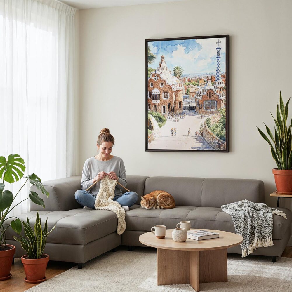 02 - Framed Park Guell - Watercolor Canvas Print - Woman Knitting on grey couch - Vertical.jpg 02 - Framed Park Guell - Watercolor Canvas Print - Woman Knitting on grey couch - Vertical.jpg