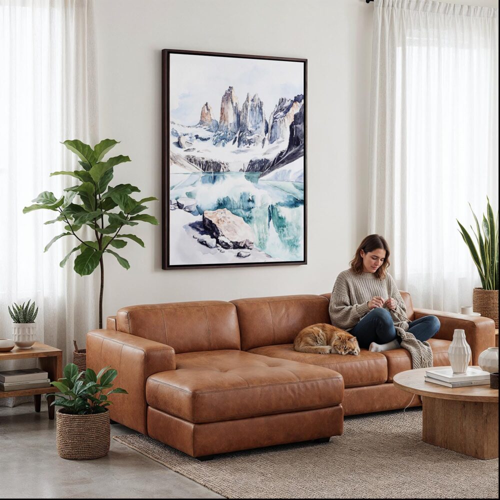 02 - Framed Patagonia Torres Del Paine Watercolor Canvas Print - Woman Knitting on leather couch - Vertical.jpg 02 - Framed Patagonia Torres Del Paine Watercolor Canvas Print - Woman Knitting on leather couch - Vertical.jpg