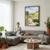 02 - Framed Peak District Watercolor Canvas Print - Woman Knitting on grey couch - Vertical.jpg
