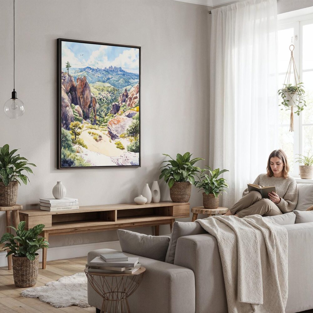 02 - Framed Pinnacles National Park Watercolor Canvas Print - Woman reading in modern Living Room - Vertical.jpg 02 - Framed Pinnacles National Park Watercolor Canvas Print - Woman reading in modern Living Room - Vertical.jpg