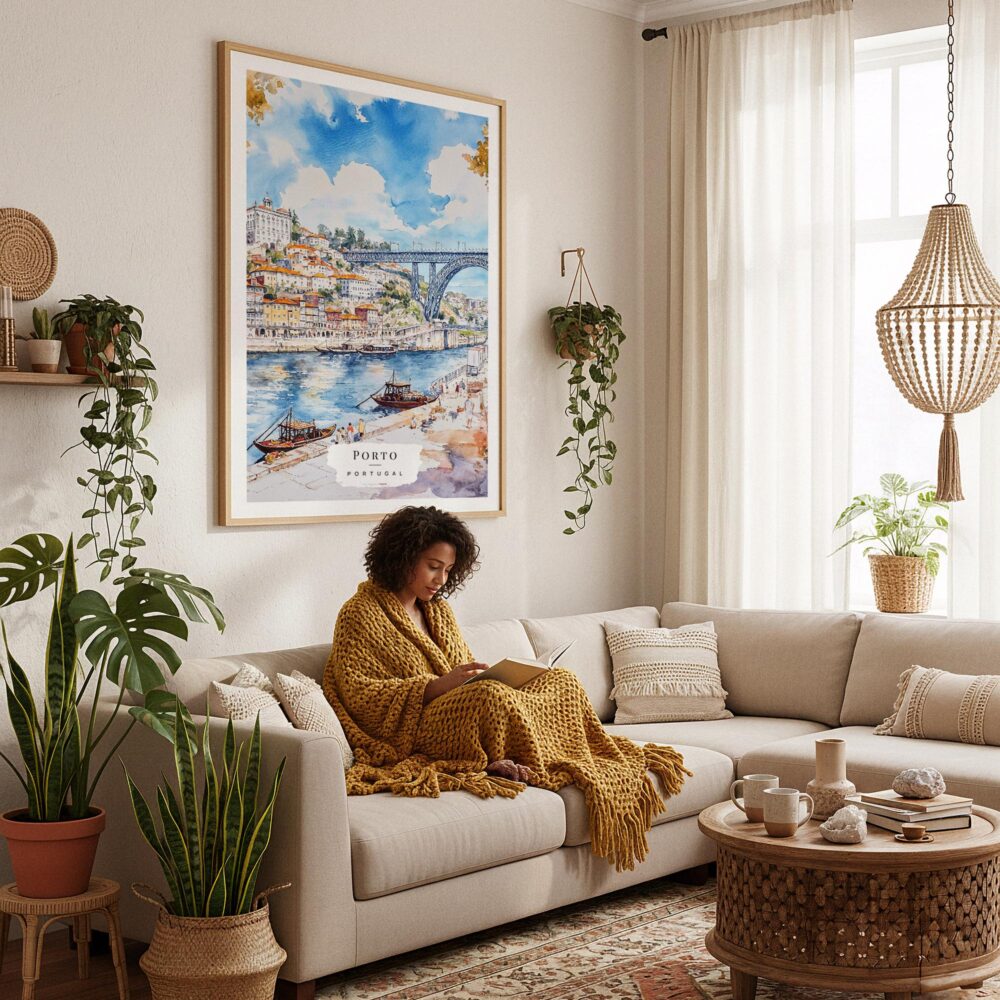 02 - Framed Porto Ribeira with Dom Luis Bridge Watercolor Art Print - In Bohi Living Room with Woman reading - Vertical.jpg 02 - Framed Porto Ribeira with Dom Luis Bridge Watercolor Art Print - In Bohi Living Room with Woman reading - Vertical.jpg