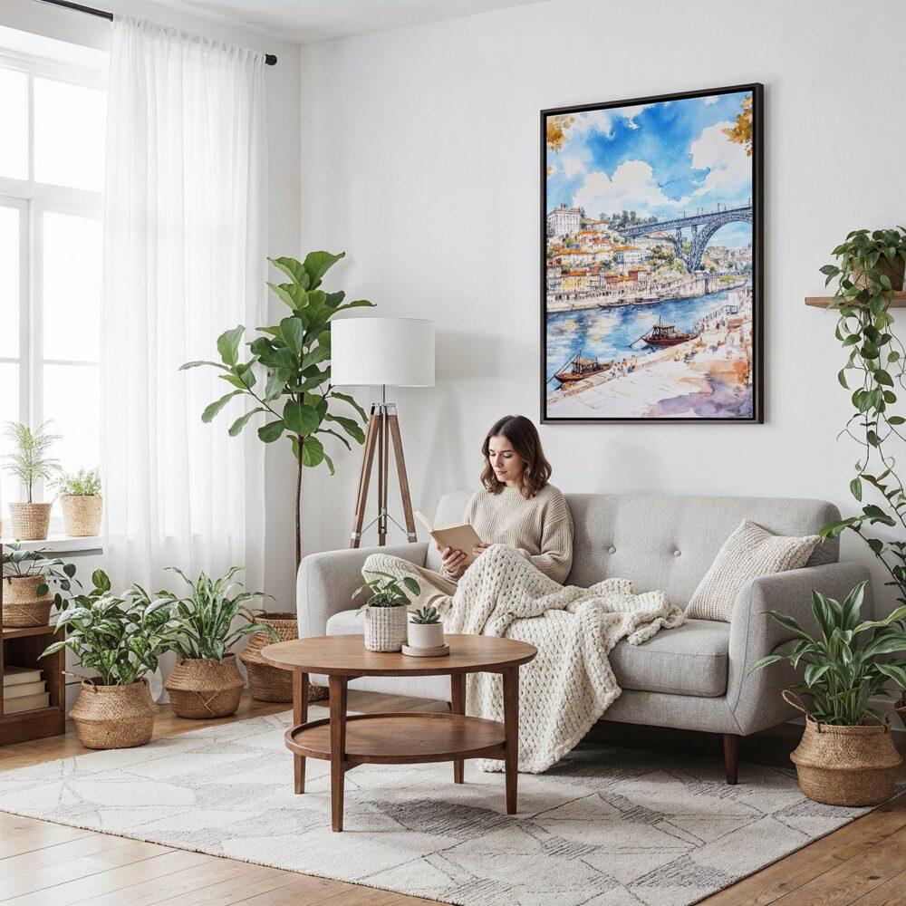 02 - Framed Porto Ribeira with Dom Luis Bridge Watercolor Canvas Print - Woman reading on couch - Vertical.jpg 02 - Framed Porto Ribeira with Dom Luis Bridge Watercolor Canvas Print - Woman reading on couch - Vertical.jpg