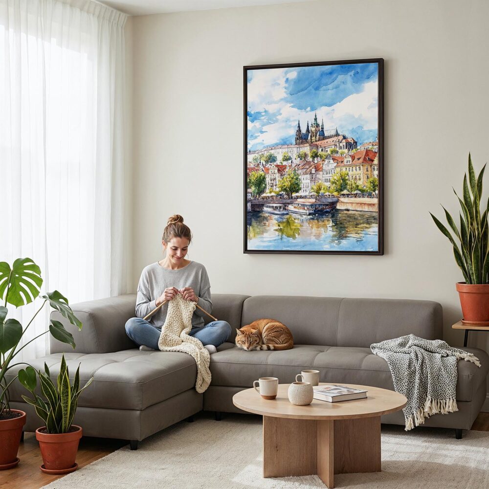 02 - Framed Prague St Vitus Cathedral Canvas Print - Woman Knitting on grey couch - Vertical.jpg 02 - Framed Prague St Vitus Cathedral Canvas Print - Woman Knitting on grey couch - Vertical.jpg