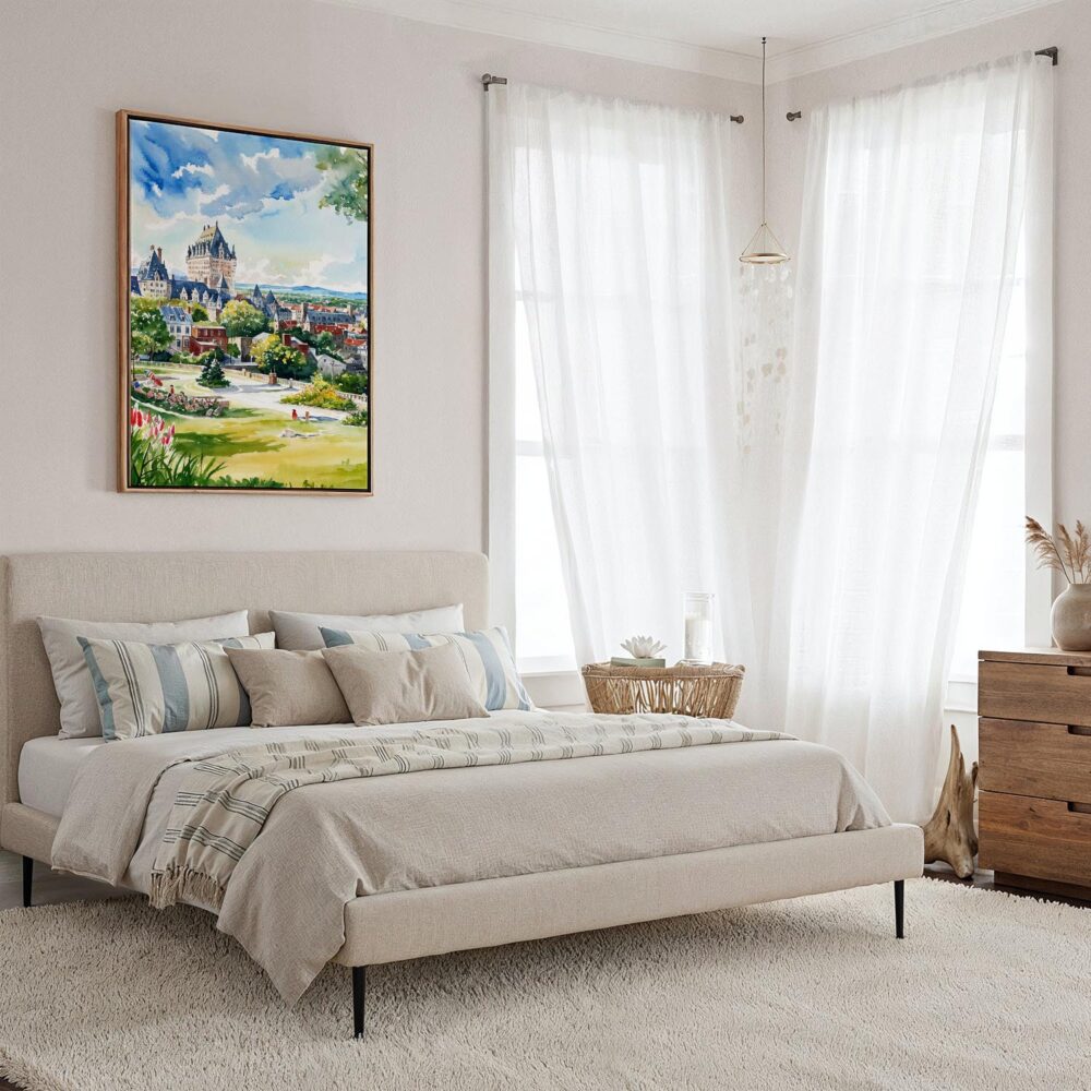 02 - Framed Quebec Château Frontenac Watercolor Canvas Print - Coastal Bedroom - Vertical.jpg 02 - Framed Quebec Château Frontenac Watercolor Canvas Print - Coastal Bedroom - Vertical.jpg