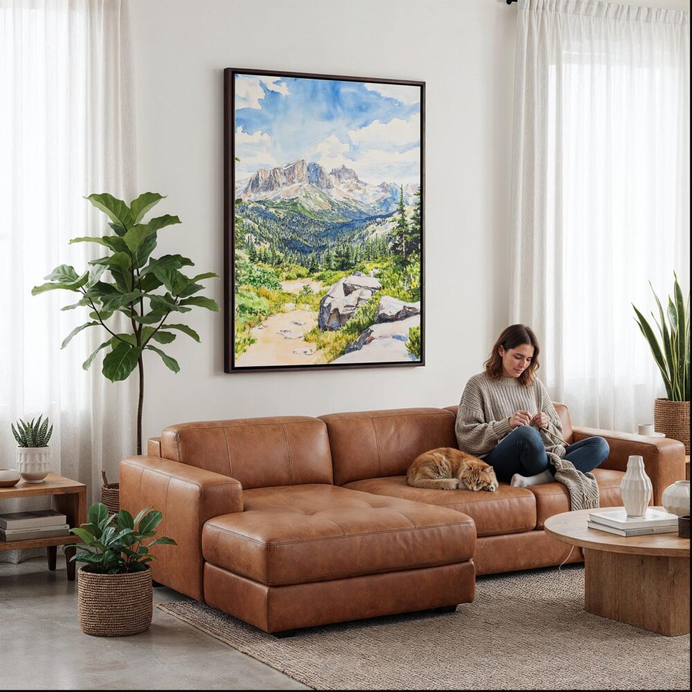 02 - Framed Rocky Mountains Watercolor Canvas Print - Woman Knitting on leather couch - Vertical.jpg 02 - Framed Rocky Mountains Watercolor Canvas Print - Woman Knitting on leather couch - Vertical.jpg