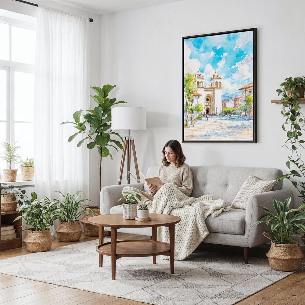 02 - Framed San Salvador Watercolor Canvas Print - Woman reading on couch - Vertical.jpg 02 - Framed San Salvador Watercolor Canvas Print - Woman reading on couch - Vertical.jpg