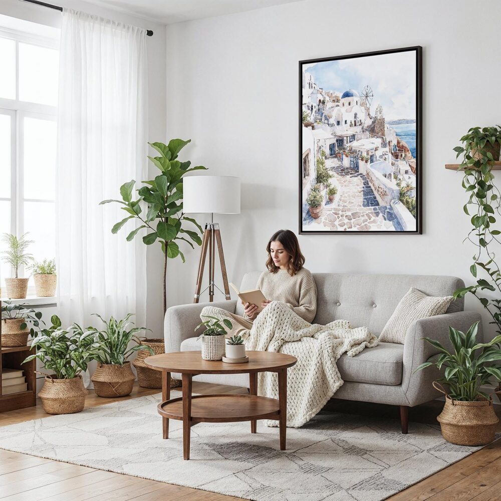 02 - Framed Santorini Blue Dome - Watercolor Canvas Print - Woman reading on couch - Vertical.jpg 02 - Framed Santorini Blue Dome - Watercolor Canvas Print - Woman reading on couch - Vertical.jpg
