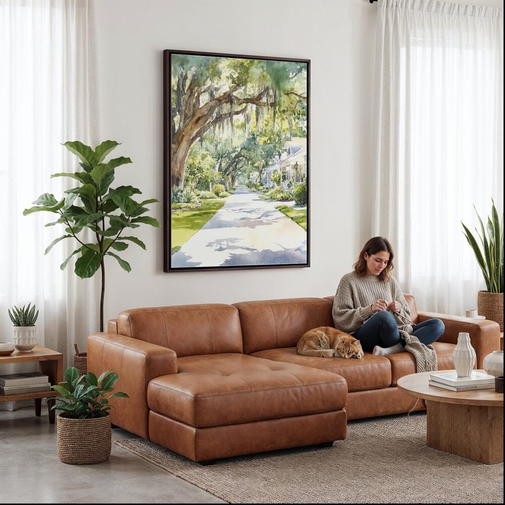 02 - Framed Savannah Georgia Watercolor Canvas Print - Woman Knitting on leather couch - Vertical.jpg 02 - Framed Savannah Georgia Watercolor Canvas Print - Woman Knitting on leather couch - Vertical.jpg