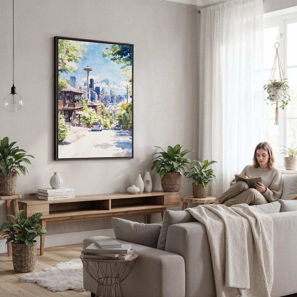 02 - Framed Seattle Skyline - Watercolor Canvas Print - Woman reading in modern Living Room - Vertical.jpg 02 - Framed Seattle Skyline - Watercolor Canvas Print - Woman reading in modern Living Room - Vertical.jpg
