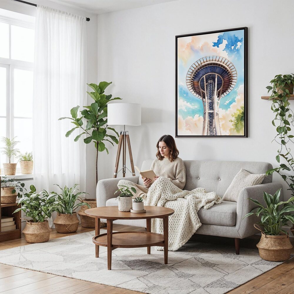 02 - Framed Seattle Space Needle Closeup Watercolor Canvas Print - Woman reading on couch - Vertical.jpg 02 - Framed Seattle Space Needle Closeup Watercolor Canvas Print - Woman reading on couch - Vertical.jpg