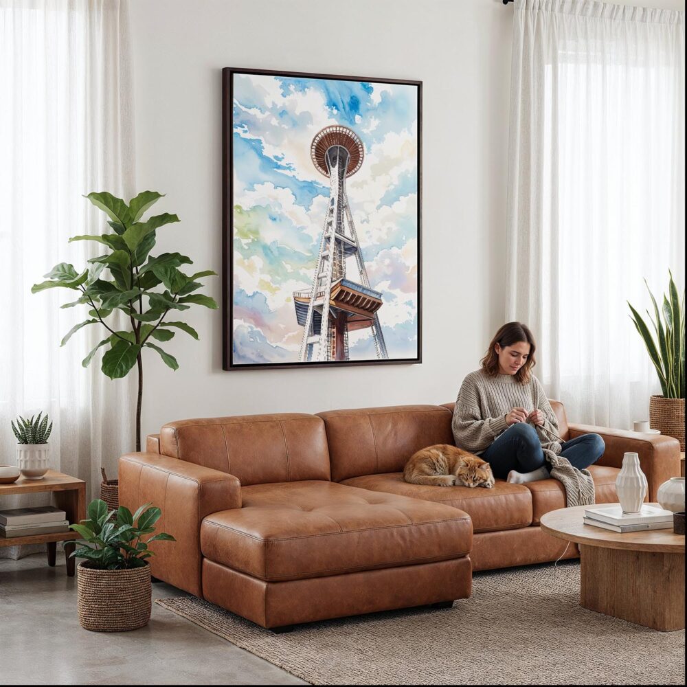 02 - Framed Seattle Space Needle Watercolor Canvas Print - Woman Knitting on leather couch - Vertical.jpg 02 - Framed Seattle Space Needle Watercolor Canvas Print - Woman Knitting on leather couch - Vertical.jpg