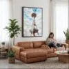 02 - Framed Seattle Space Needle Watercolor Canvas Print - Woman Knitting on leather couch - Vertical.jpg