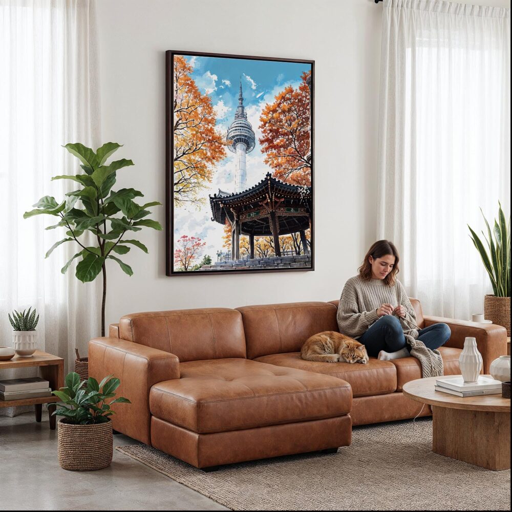 02 - Framed Seoul N Seoul Tower Watercolor Canvas Print - Woman Knitting on leather couch - Vertical.jpg 02 - Framed Seoul N Seoul Tower Watercolor Canvas Print - Woman Knitting on leather couch - Vertical.jpg