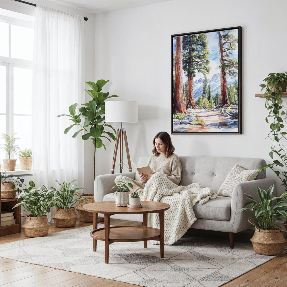 02 - Framed Sequoia California Watercolor Canvas Print - Woman reading on couch - Vertical.jpg 02 - Framed Sequoia California Watercolor Canvas Print - Woman reading on couch - Vertical.jpg